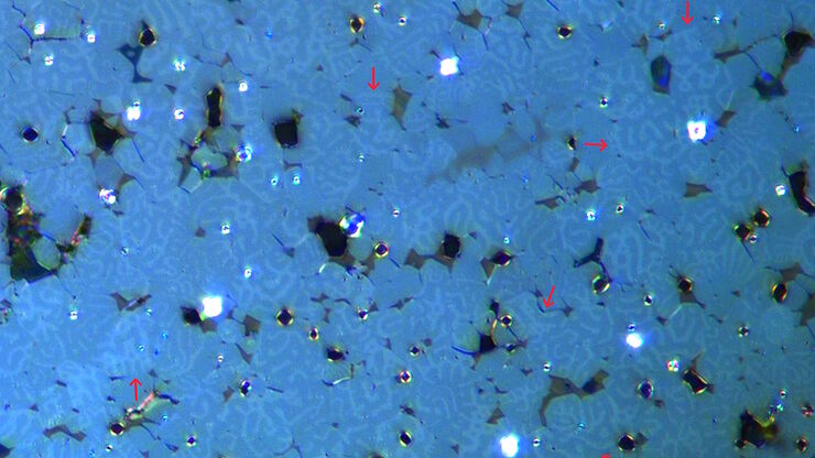 Image of magnetic steel taken with a 100x objective using Kerr microscopy. The magnetic domains in the grains appear in the image with lighter and darker patterns. A few domains are marked with red arrows. Image of magnetic steel taken with a 100x objective using Kerr microscopy. The magnetic domains in the grains appear in the image with lighter and darker patterns. A few domains are marked with red arrows. Courtesy of Florian Lang-Melzian, Robert Bosch GmbH, Germany.
